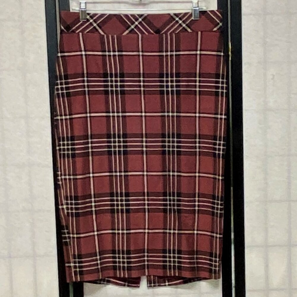 Torrid Plaid Midi Pencil Skirt 0 Plus Brown Black Tailored Pull-On Stretch Knit